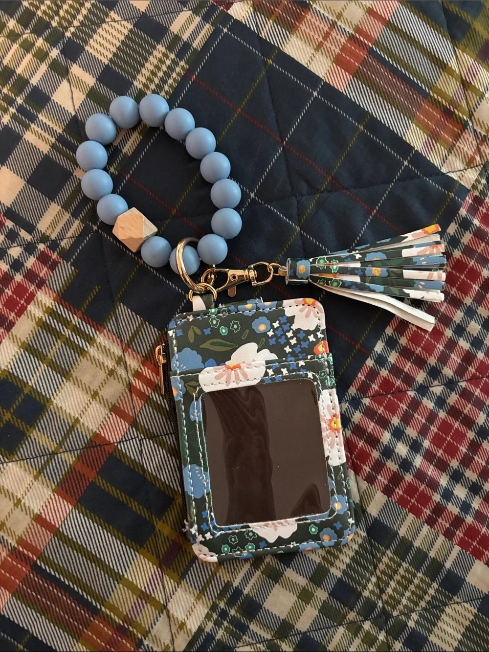 Floral ID Card Holder Wristlet with Blue Beaded Strap